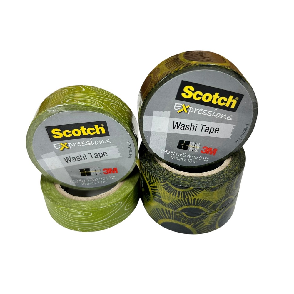 Scotch Expressions Washi Tape 5 Roll Bundle Green Woodgrain Black Gold Geometric